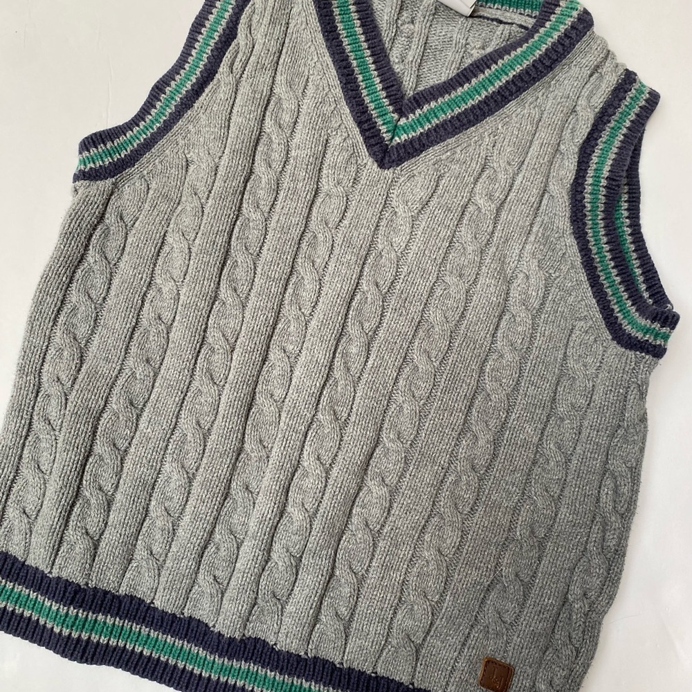 Janie and Jack Light Gray Cable Knit Vest with Navy and Teal Trim